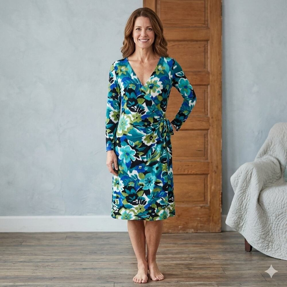 LILY Floral Wrap Dress Large Blue Green Black Long Sleeve Jersey Stretch Midi